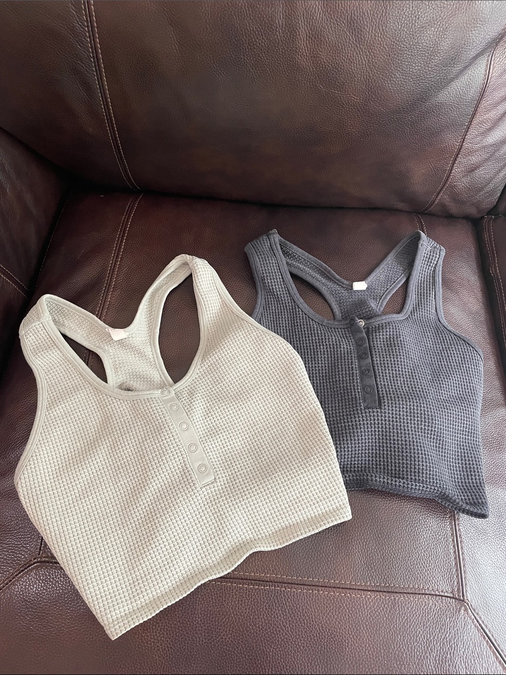 aerie Waffle Henley Racerback Crop Top - light gray and Charcoal